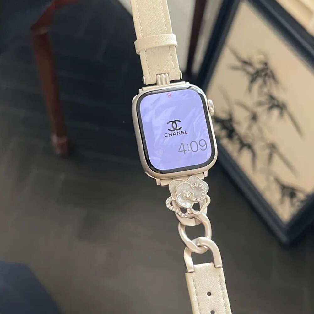 Camellia Leather Metal Apple Watch Strap for iWatch 38mm 40mm 41mm 42mm 44mm 45mm 46mm 49mm Series 3 4 5 6 7 8 9 10 Ultra 2