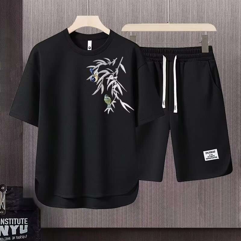New Arrivals Trend Waffle For Men Summer New Chinese Style Green Bamboo Print Split Shorts Ins Half Sleeve T-Shirt Full Set Luanyun