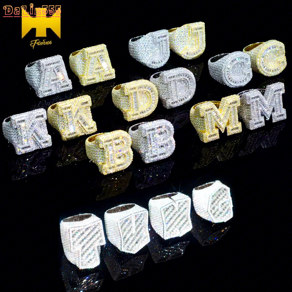 Custom Iced Out VVS Moissanite Baguette Diamond Hip Hop Ring Single Initial Letter 925 Silver for Men Jewelry