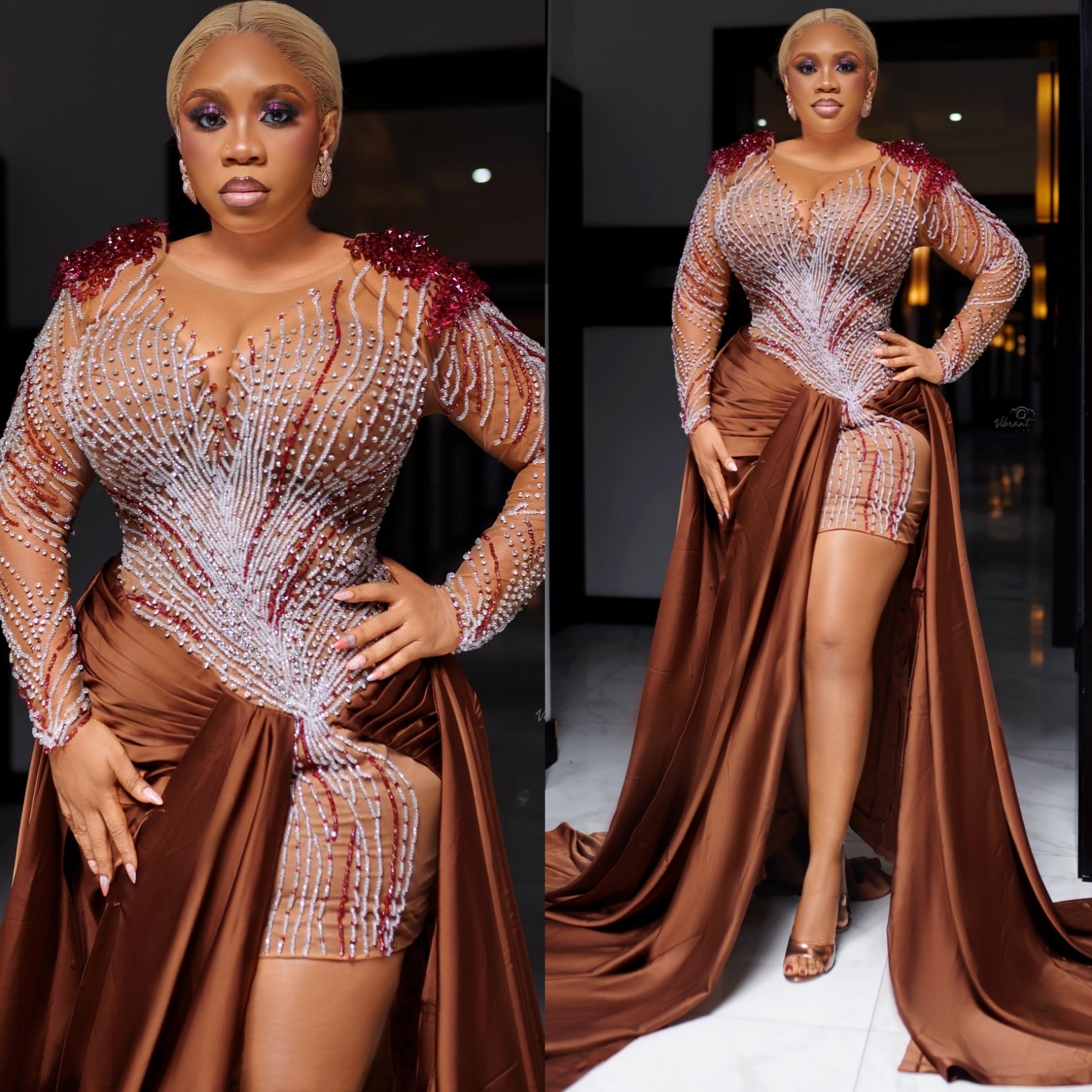 Aso Ebi Brown Sheath Prom Dresses 2026 Crystals Beaded Illusion High Split Evening Formal Party Second Birthday Engagement Gowns Dress For Special Occ