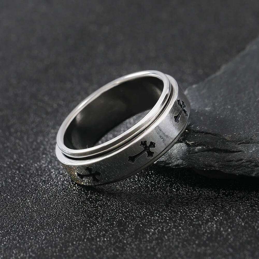Rotatable Metal Cross For Men Women Silver Color Stainless Steel Ring Punk Gothic Simple Accessories Christian Jewelry Gift XJ260127