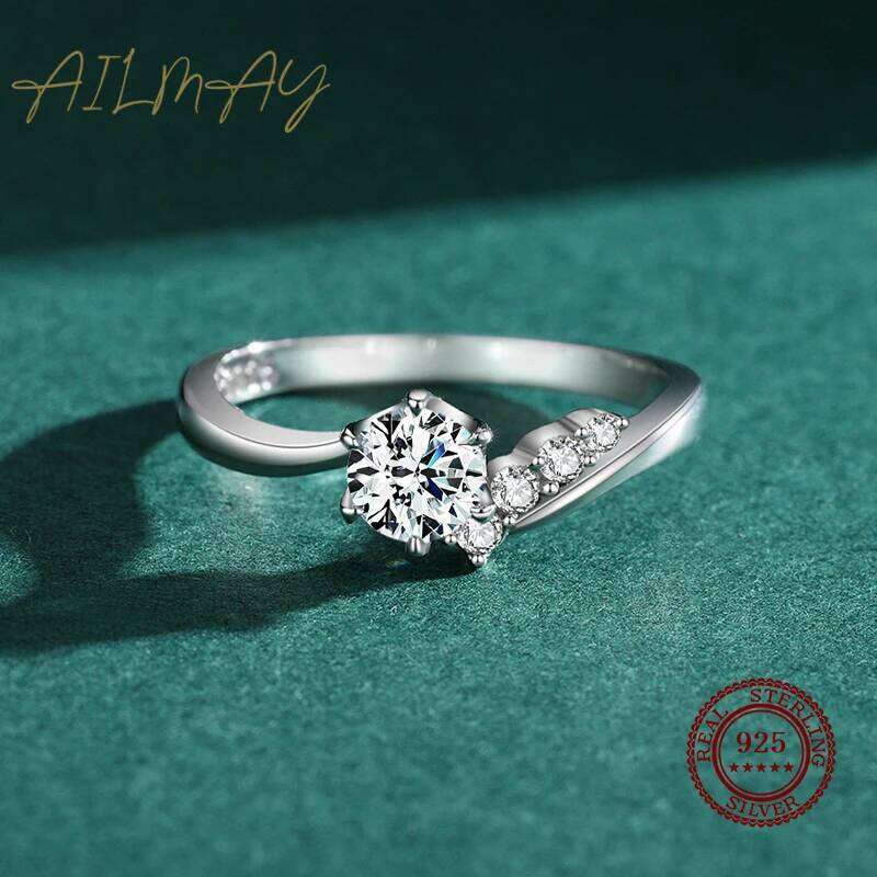 Ailmay Real 925 Sterling Silver Fashion Simplicity Clear Zircon Six Claw Asymmetry Ring Arm For Women Wedding Engagement Jewelry XJ260127