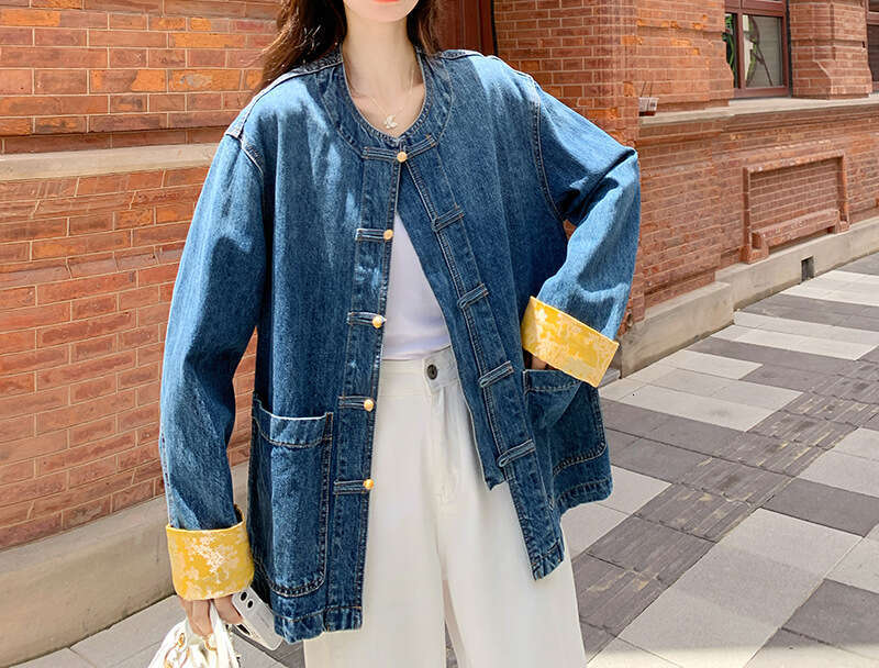 Women's Chinese Style Frog Button Denim Jacket Loose Fit Casual Jean Coat