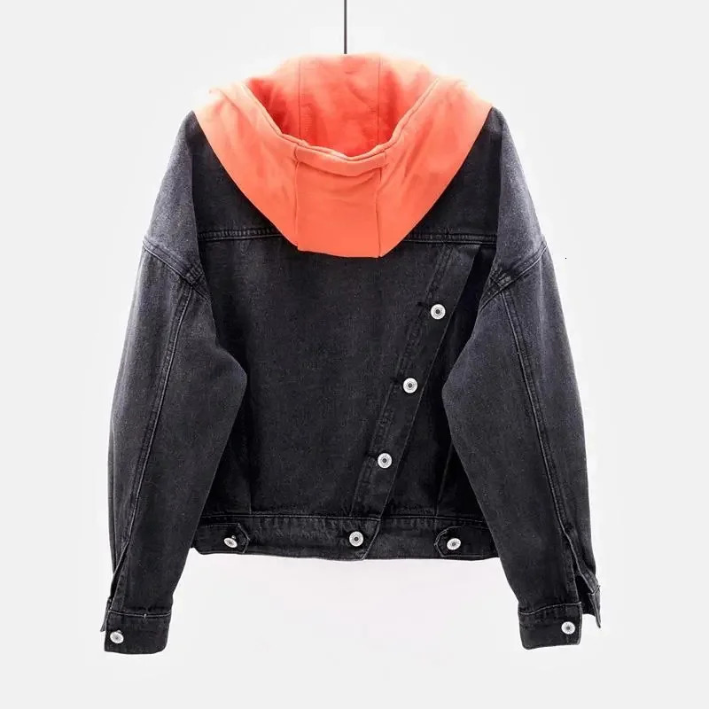 Blue Hooded Turndown Collar Denim Jacket Women Loose Button Patchwork Outwear Jean Coat Female 260120