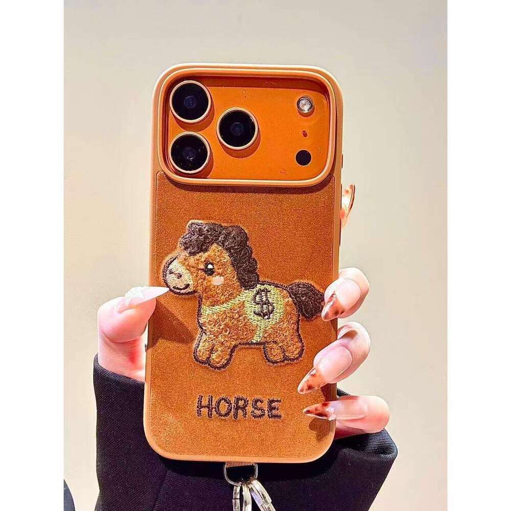 Autumn Winter Velvet Embroidered Money Pony Handheld Strap Compatible with Apple 17 Pro Max Phone 16 iPhone 15 Case S260128
