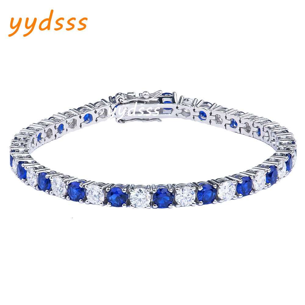 Custom Jewelry Mens 925 Sterling Silver Tennis Chain Bracelet Rhodium Plated Round Sapphire Blue VVS Moissanite Tennis Bracelet