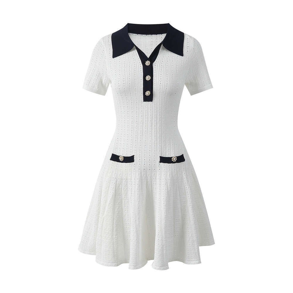 2026 Summer New Elegant Style Solid Color Collar Pearl Button Hollow Knitted Short Sleeve Dress