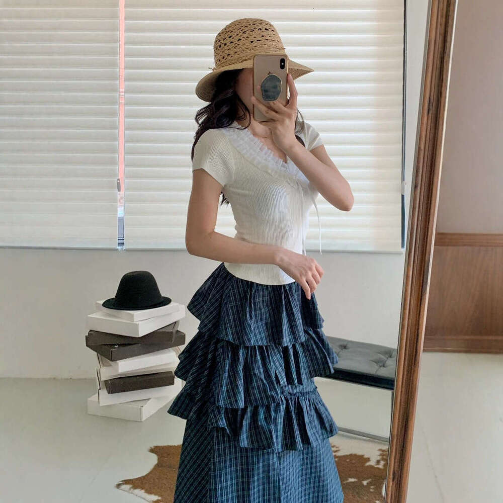 2026 Spring New White Patched Lace Collar Bow Hollow Slim Knitted Women's Short Sleeve Top