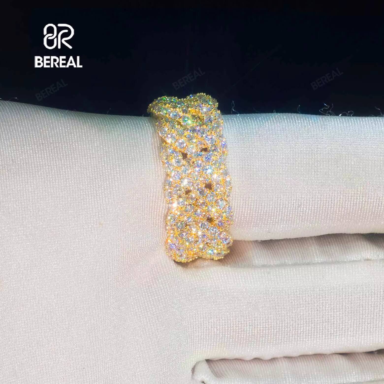 Pass Diamond Tester Cuban Chain Style 14K Solid Gold Moissanite Hip Hop Ring Iced Out Round Brilliant Cut Vvs Diamond Band