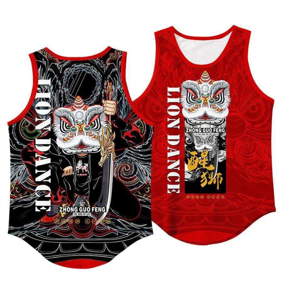 3D National Trend Lion Dance For Men And Women, Hip-Hop Niche Summer Harajuku Bodybuilding Vest, Sleeveless Chinese Style Short Vest
