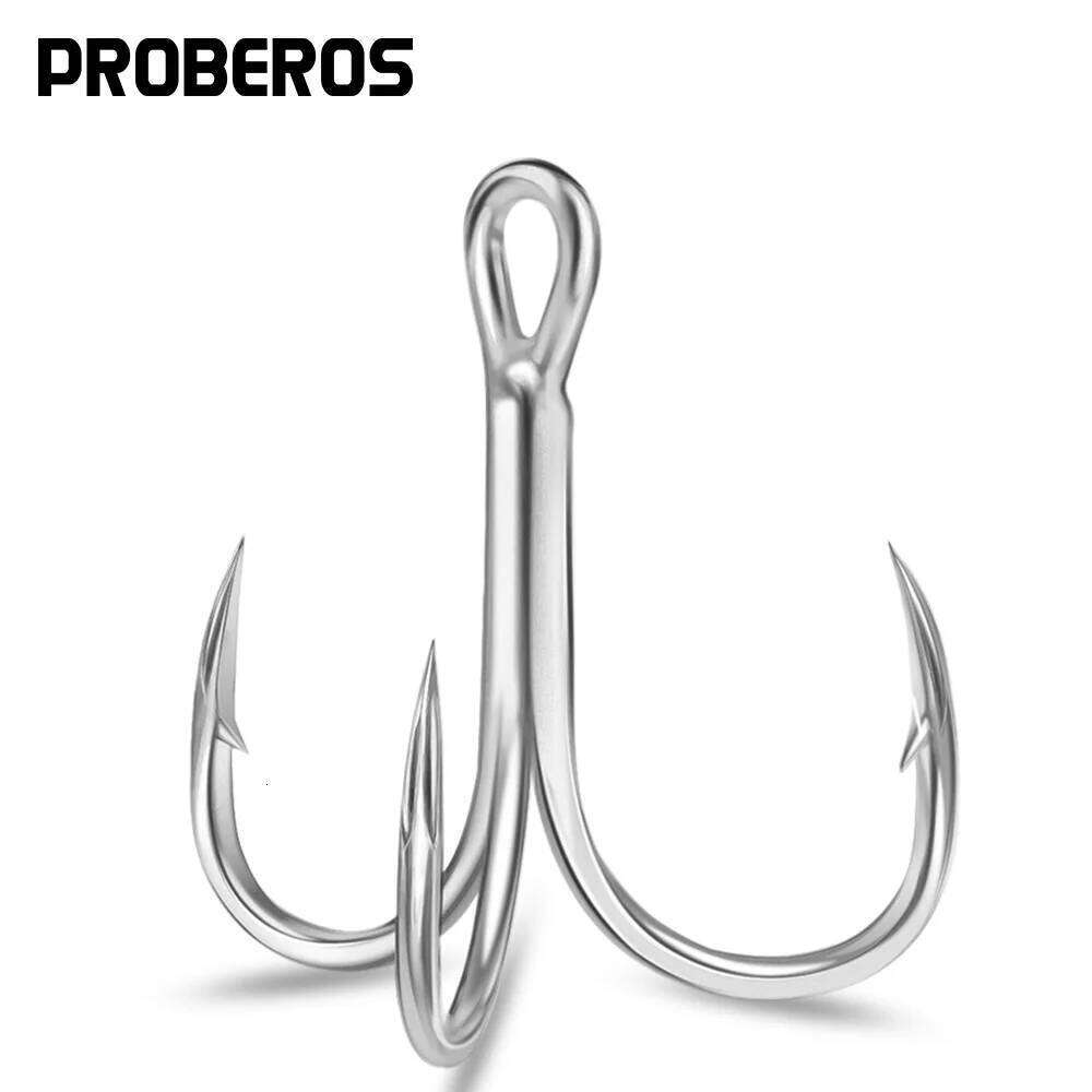 PROBEROS 50PCS Saltwater Fishing Hook 14#-3/0# Anti-rusty Treble HooksTin Color Fishhooks 3X High-Carbon Steel High Strength Z260128