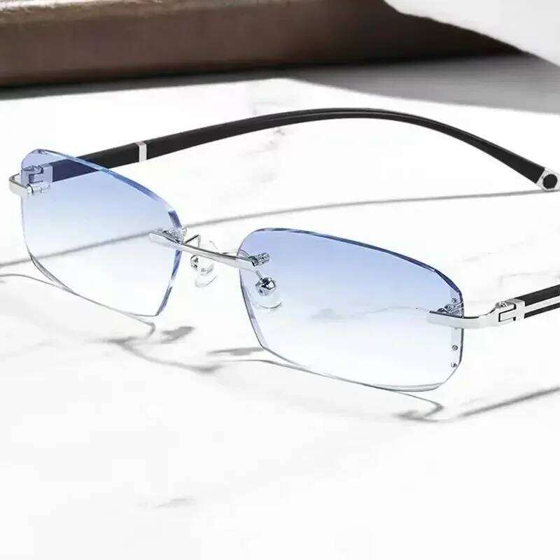 Myopia Frameless Optional Photochromic Blue Men's Anti Fatigue Clear Glasses 26Y0128