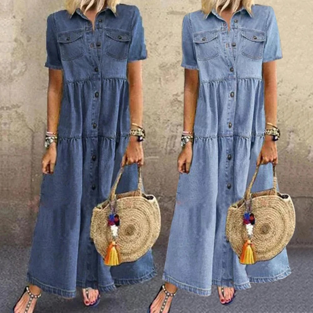 Retro Women Dresses Short Sleeve Turn Down Collar Pockets Button Long Loose Denim Dress Summer Long Dress 260128