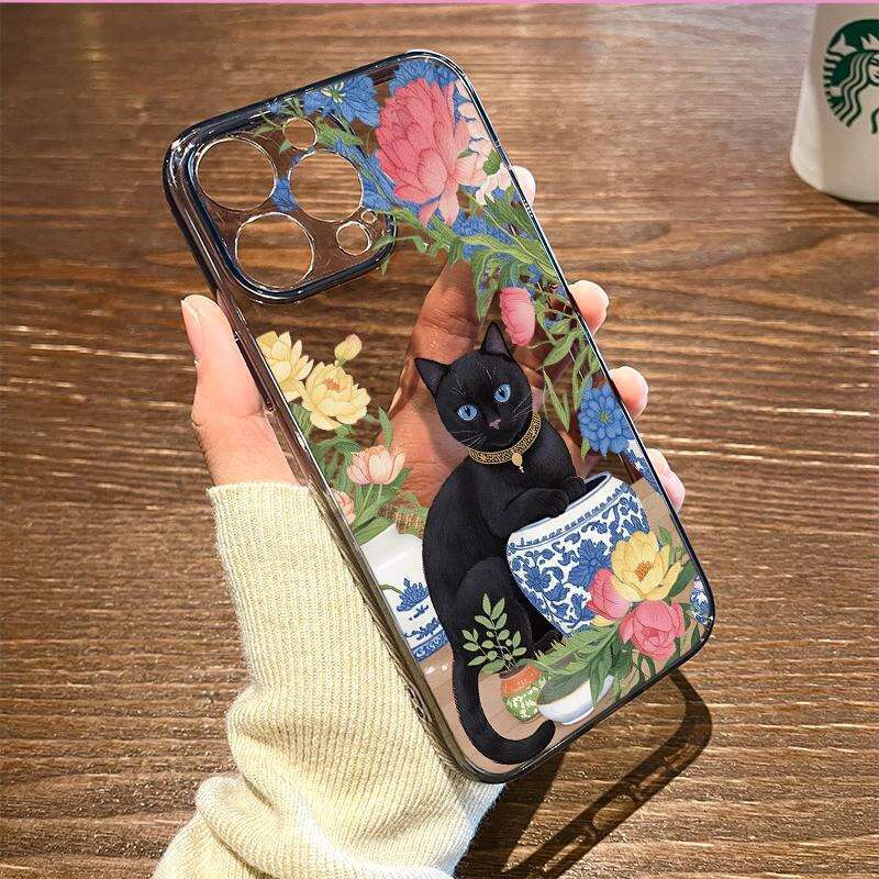 Blue and White Porcelain Peony Black Cat Case for iPhone 16, 15 Pro Max, Niche 14 Pro, Apple 13/12 S260128