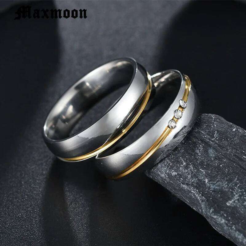 Maxmoon 2019 New Gold color Stainless Steel Wedding Bands Shiny Crystal for Female Male Jewelry 6mm Engagement Ring XJ260127
