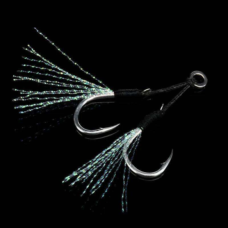 ALLBLUE 4pairs/lot Metal Jig Assist Hook With PE Line Feather Solid Ring Jigging Spoon Saltwater Fishhook for 5-80g Lure Z260128