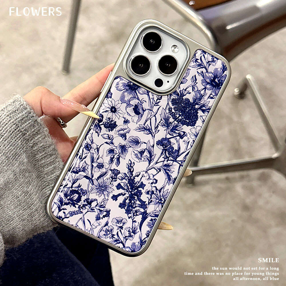 New National Style Compatible with iPhone 16 Blue Transparent Flower Electroplated Epoxy Apple 14 PM Phone Case S260128