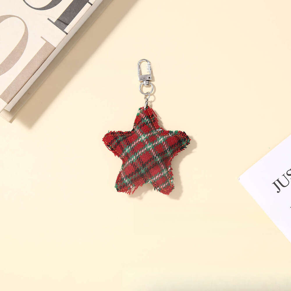 Bag Charm Keychain Plaid Fabric Star Pendant Silver Hanger Keychain Accessory for Daily Use