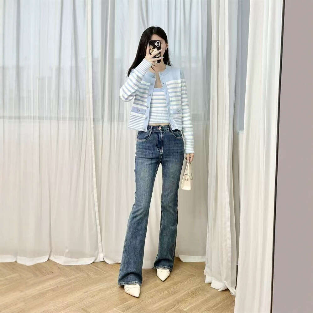 2026 Spring/Summer Blue and White Striped Round Neck Knitted Cardigan Jacket Short Texture Women's Tank Top