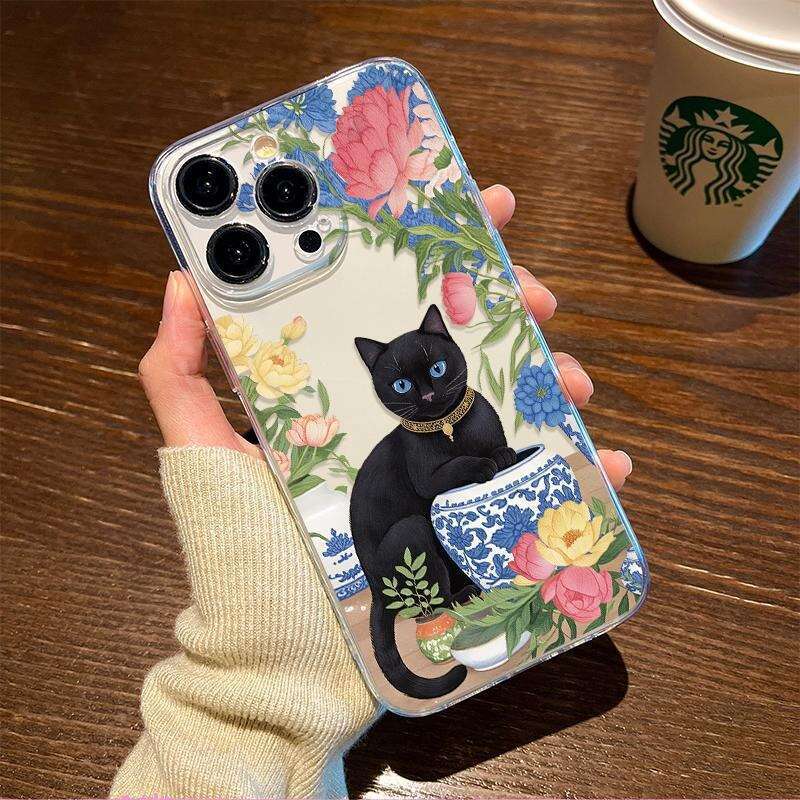 Blue and White Porcelain Peony Black Cat Case for iPhone 16, 15 Pro Max, Niche 14 Pro, Apple 13/12 S260128