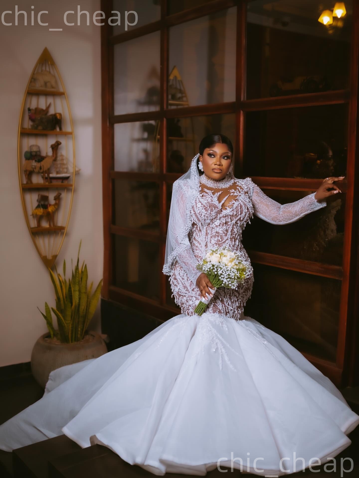 African Aso Ebi 2026 Ivory Mermaid Wedding Dress Illusion Lace Pearls High Neck Long Sleeves Vintage Charming Bridal Gowns Dresses ZJ2378