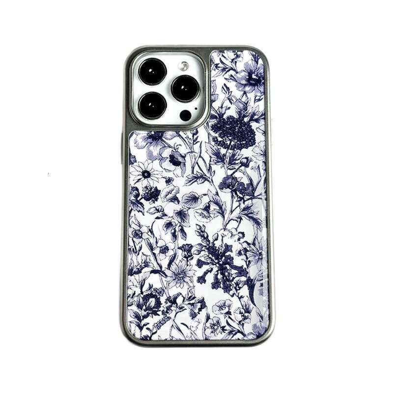Suitable for Apple 16PM Chinese Style and White Porcelain Blue Flower Phone iPhone 17 Pro Silver Edge Epoxy Protective Case S260128