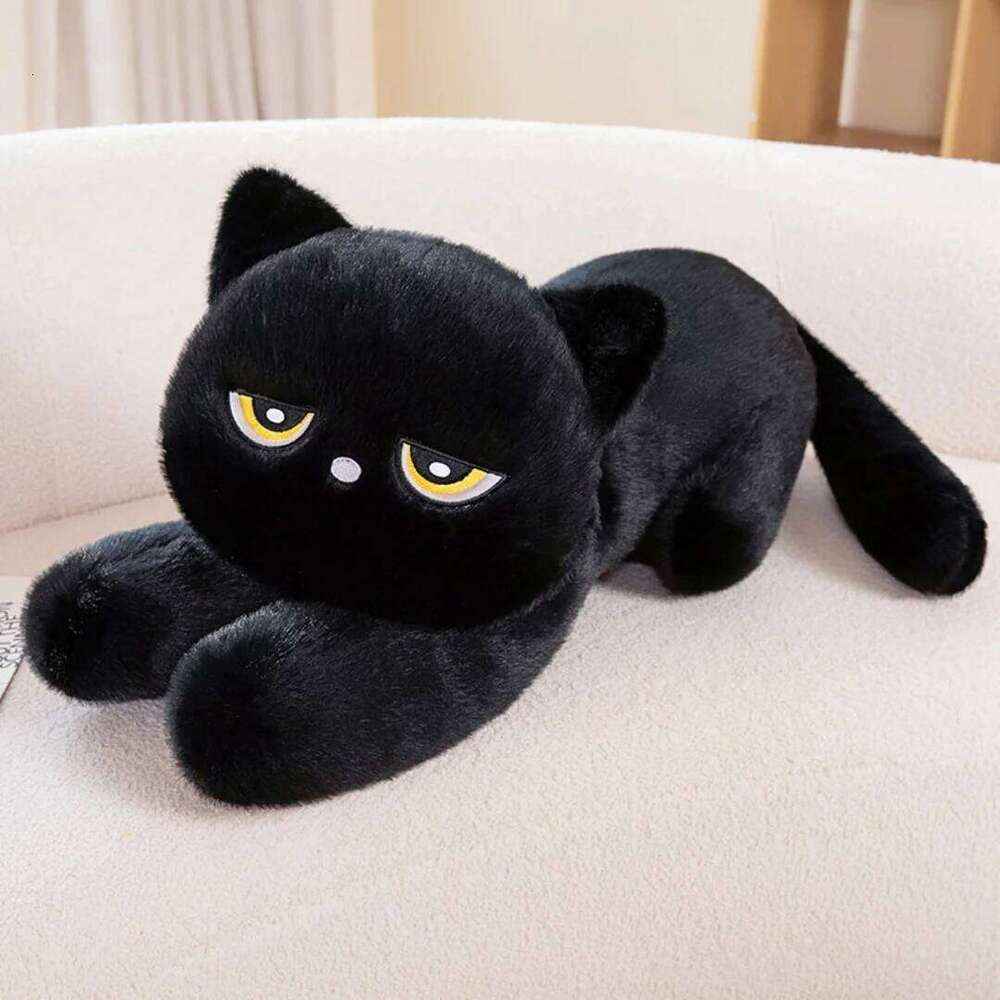 Cute Half Round Eyed Plush Toy Prone Black Cat Pillow Kids Game Fans Halloween Christmas Birthday Gifts Home Decor Y260128