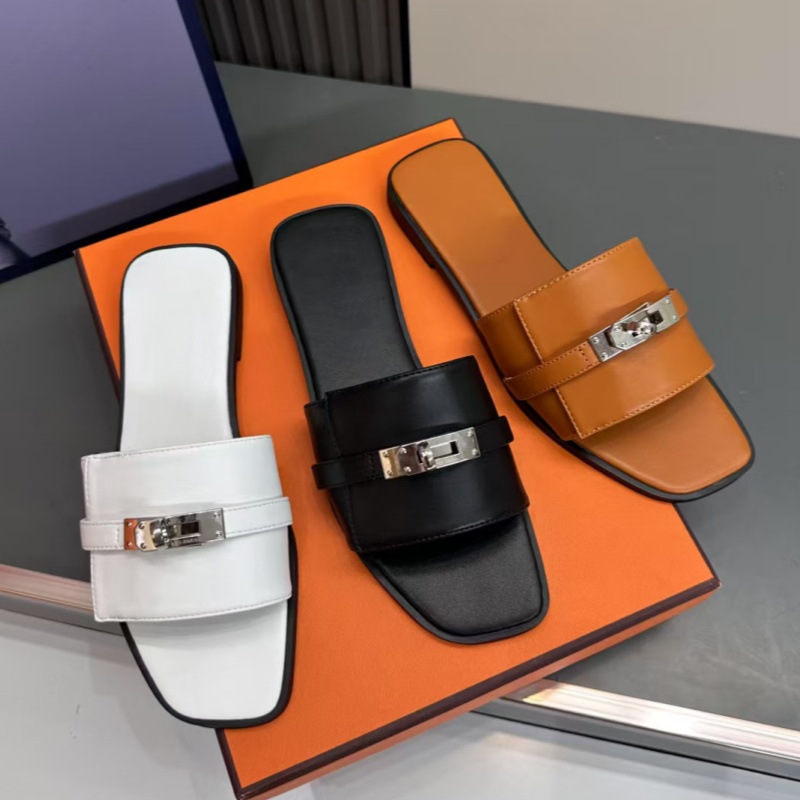 Designer oran sandals Sandals silver buckle slipper Flat sandles Beach Real Leather Slippers Letter Slides Women Flat Slide Flip flop Flops with Dust Bag 35-42