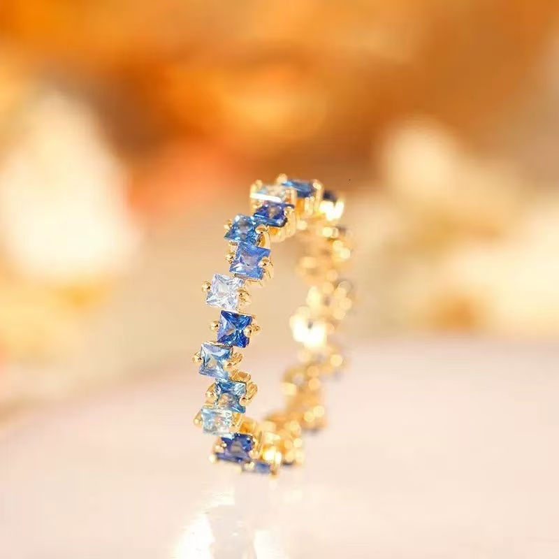 Luster Summer Fine Jewelry Sweet Colorful 3x3mm Princess Cut Rainbow Lab Sapphire 10K 14K 18K Gold Ring for Girls