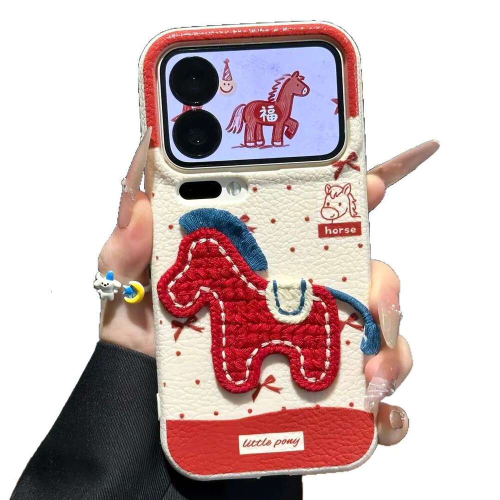 Embroidered Knitted Pony Lanyard Compatible with Apple 17 Phone Case iPhone 16/15 Pro Max New Year Red Soft 13 S260128