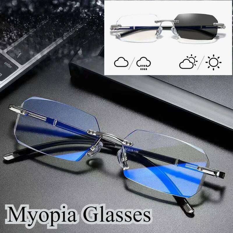 Myopia Frameless Optional Photochromic Blue Men's Anti Fatigue Clear Glasses 26Y0128