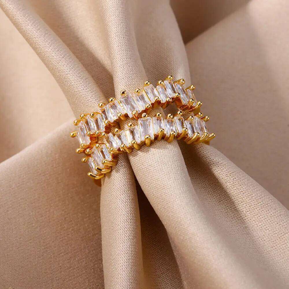 Double Layer Zircon Rings for Women Adjustable Gold Plated Stainless Steel Ring 2023 Trending Wedding Aesthetic Jewelry aretes XJ260127