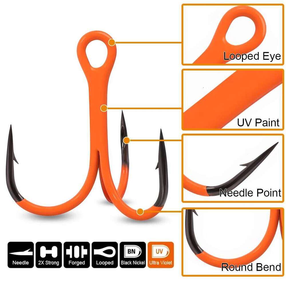9KM 10Pcs Treble Hooks Triple Hook 2X Strong for Deep Freshwater Applications, Orange Ultra Violet UV Z260128