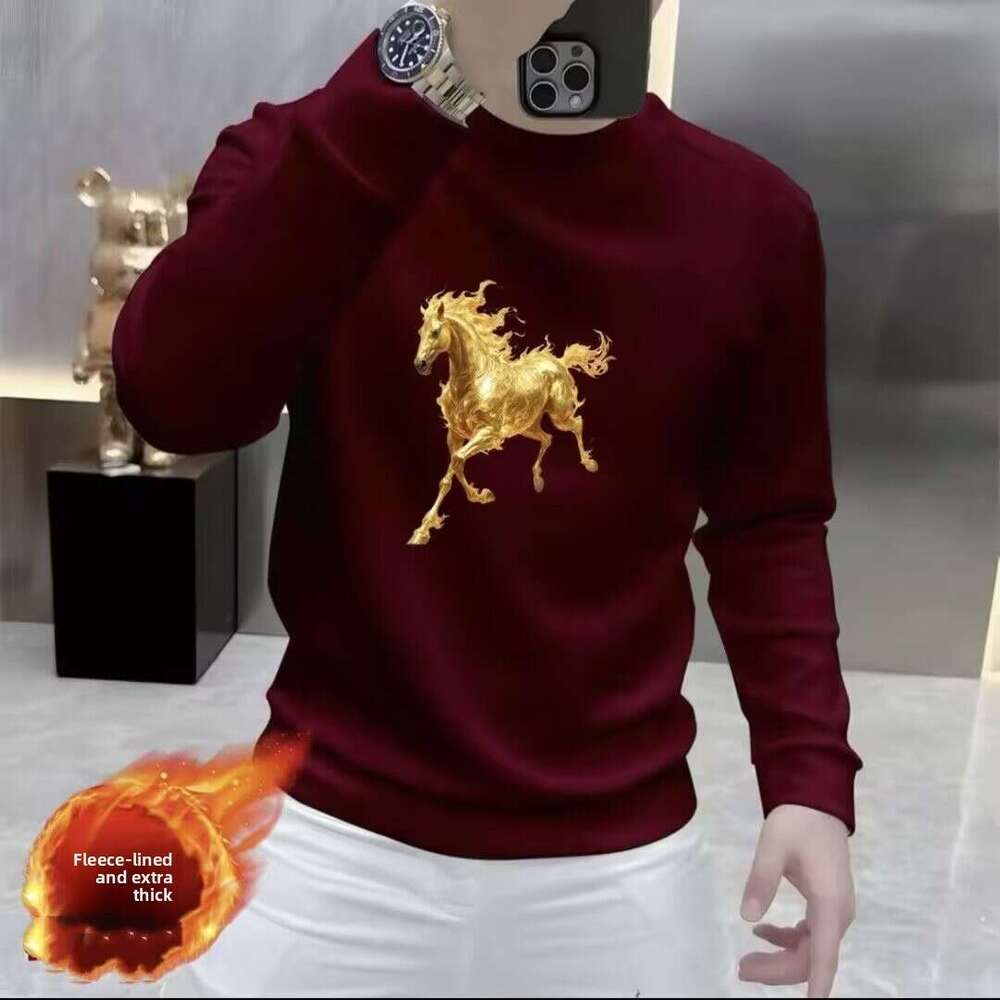 Horse New Printed Sweatshirt For Men Red Round Neck Long Sleeve Fleece Lined Zodiac Year Clothing Warm Top