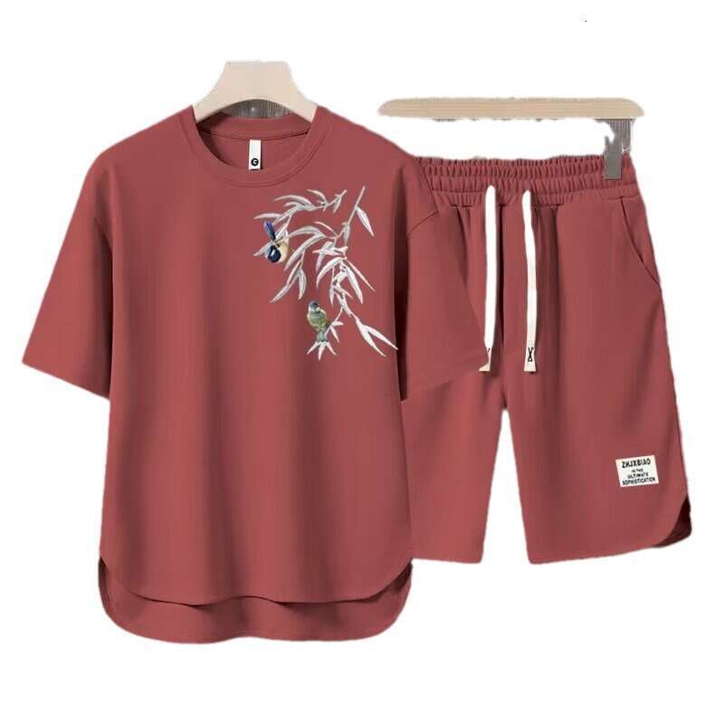 New Arrivals Trend Waffle For Men Summer New Chinese Style Green Bamboo Print Split Shorts Ins Half Sleeve T-Shirt Full Set Luanyun