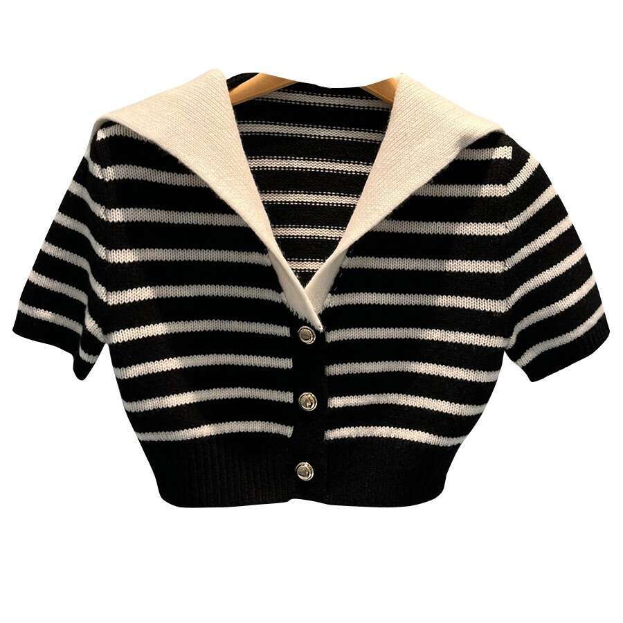 2026 Spring New Navy Blue Collar Knitted Sweater Short Sleeve Striped Slimming Women's Open Knitted Sweater