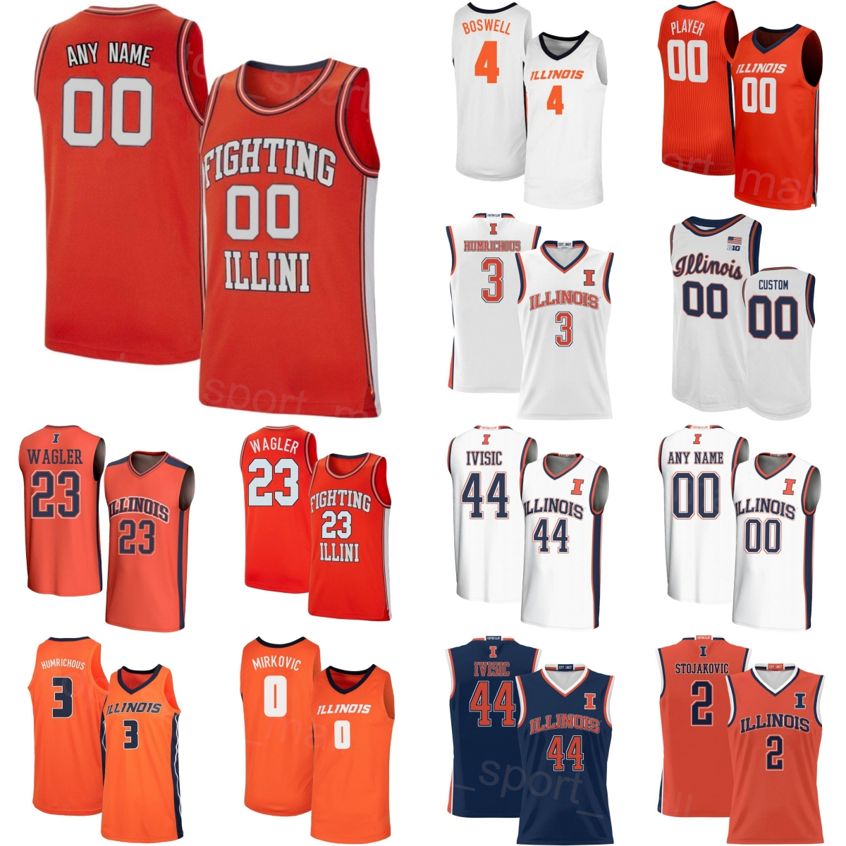 Printed College Basketball Illinois Fighting Illini Jersey 23 Keaton Wagler 4 Kylan Boswell 2 Andrej Stojakovic 0 David Mirkovic 13 Tomislav Ivisic Men Women Kids