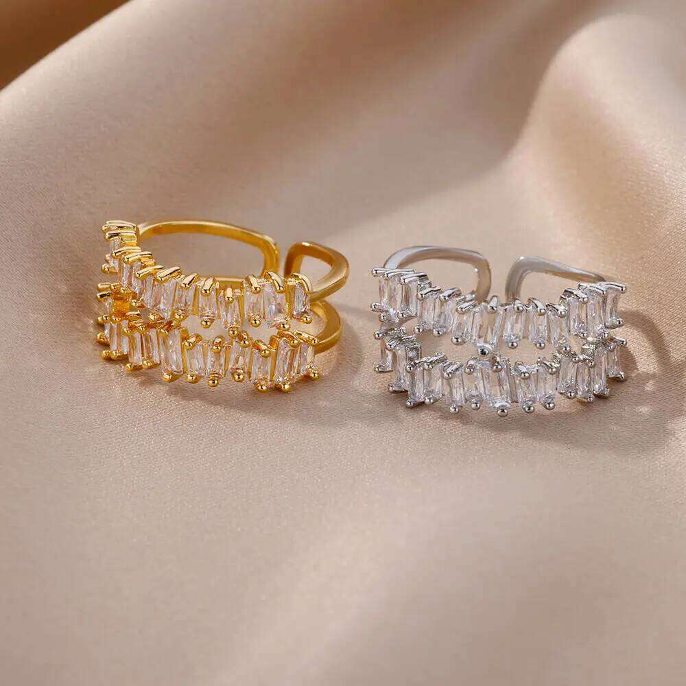 Double Layer Zircon Rings for Women Adjustable Gold Plated Stainless Steel Ring 2023 Trending Wedding Aesthetic Jewelry aretes XJ260127