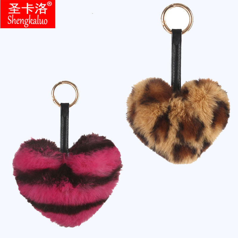 Cow Pattern Embroidered Leather Strap Faux Rex Rabbit Fur Leopard Heart Keychain Womens Plush Bag Pendant 241125