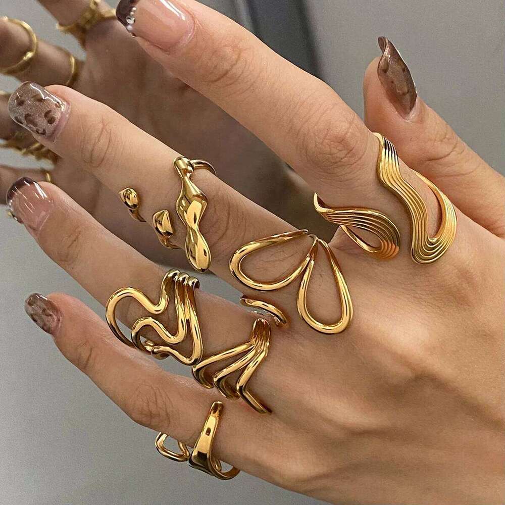Stainless Steel Irregular Wave Rings For Women Creative Gold Color Adjustable Open Ring Female Jewelry Punk Rapper Anillos Gifts XJ260127