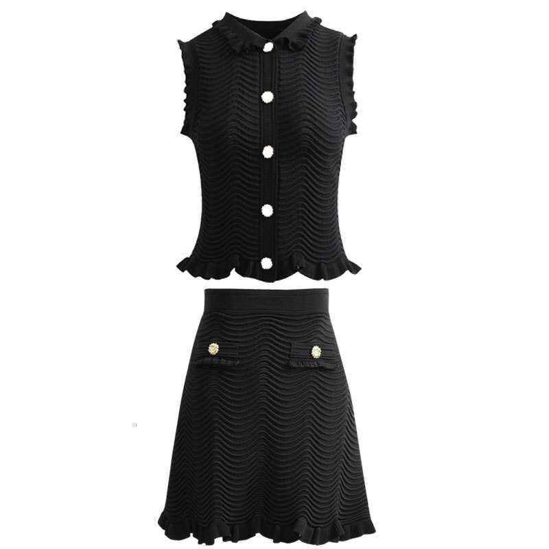 2026 Summer Sleeveless French Ruffle Knitted Tank Top Wave Pattern Skirt Two Piece Set Suitable for Women