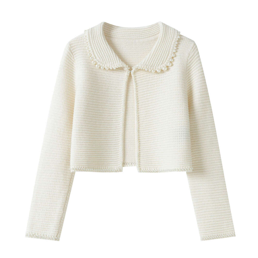 2026 autumn new designer retro pearl decoration doll collar elegant versatile knitted cardigan jacket
