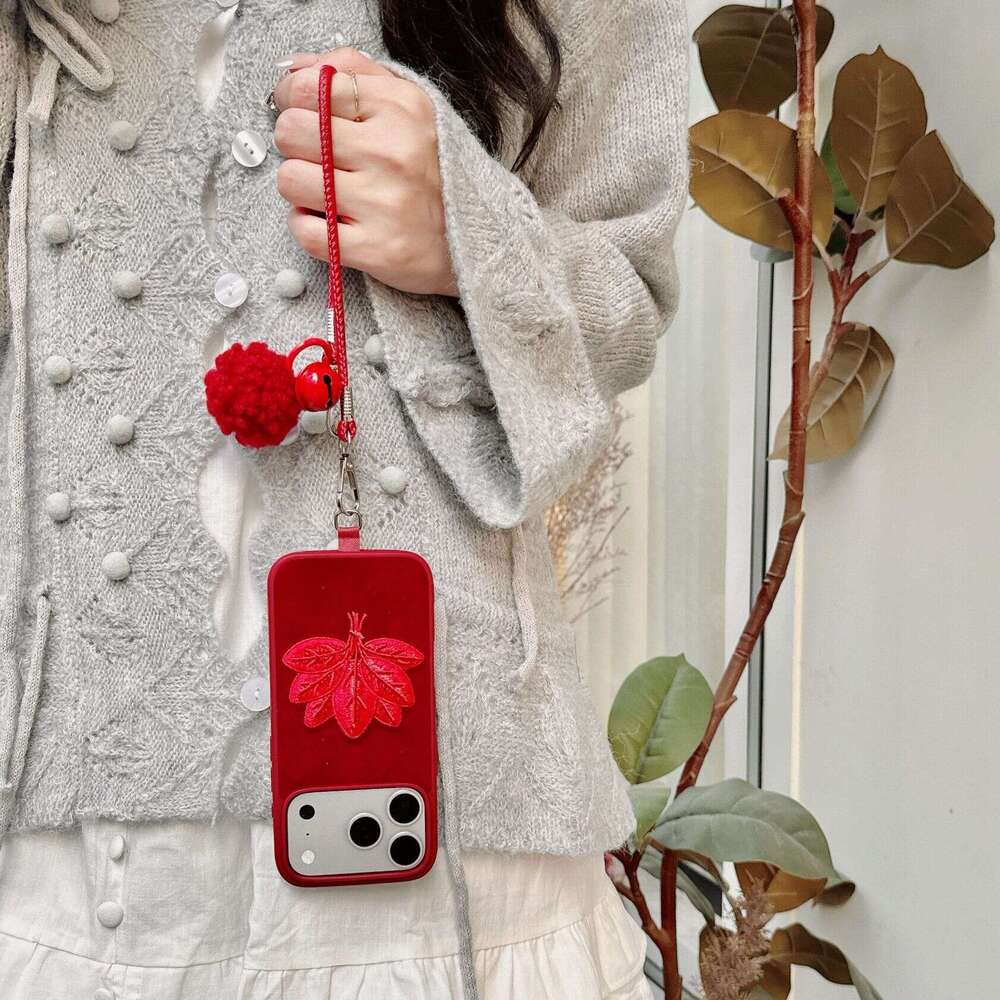 Embroidered Red Grapefruit Leaf Case for Apple 17 Pro Max iPhone 16/15/14 with Strap and Pom-Pom S260128