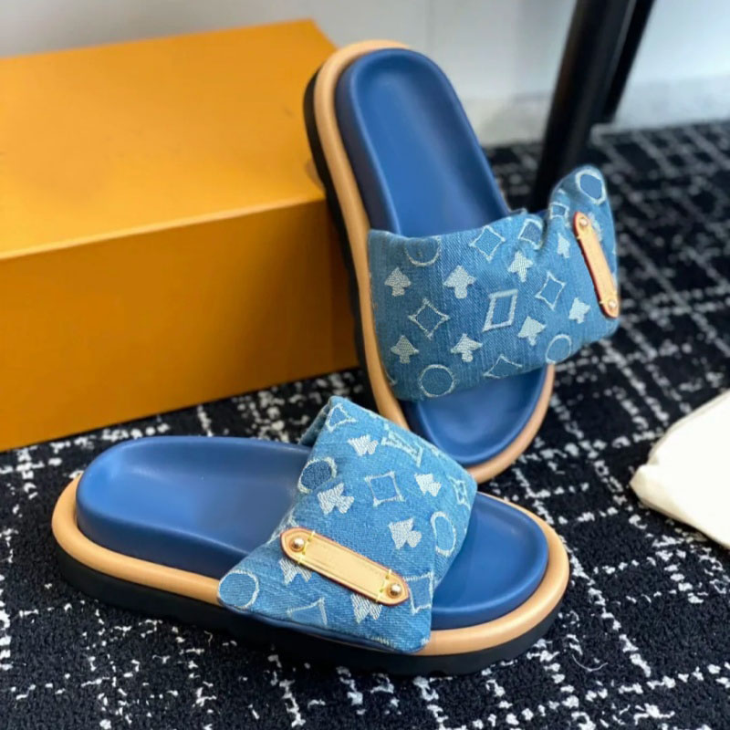 Designer sandals slippers for women men slides comfort embossed ladies mules flats shoes triple black pink deep denim blue luxury fashion woman men sliders eur35-44