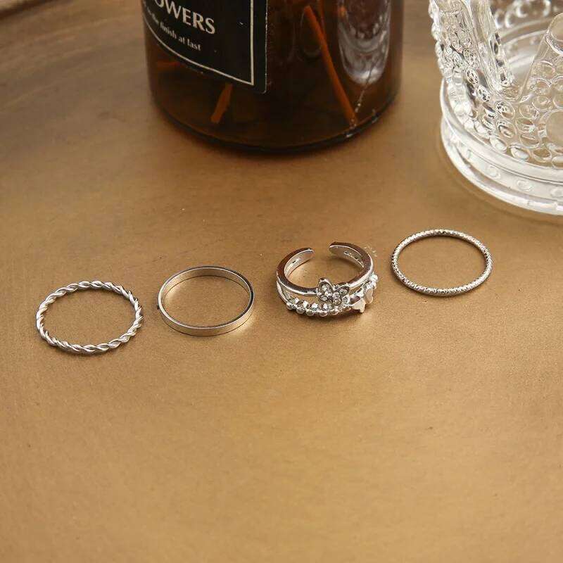 4Pcs Plain Circle Butterfly Set Silver Color Opening Adjustable Fashion Personalized Finger Ring For Women Trendy Jewelry XJ260127
