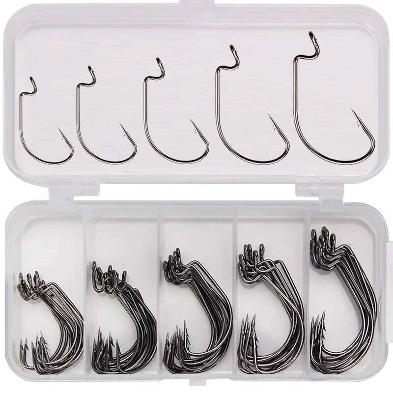 50pcs Wide Worm Carbon Steel Offset Fishhook Bass Barbed Carp Hook Accessories Gear Fishing Tackle Z260128