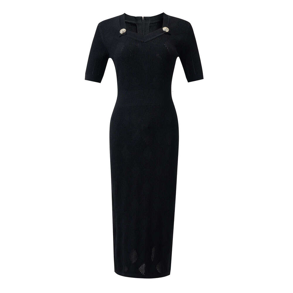 Square neck sexy and elegant women's knitted short sleeved 2026 summer metal buckle tight style dress