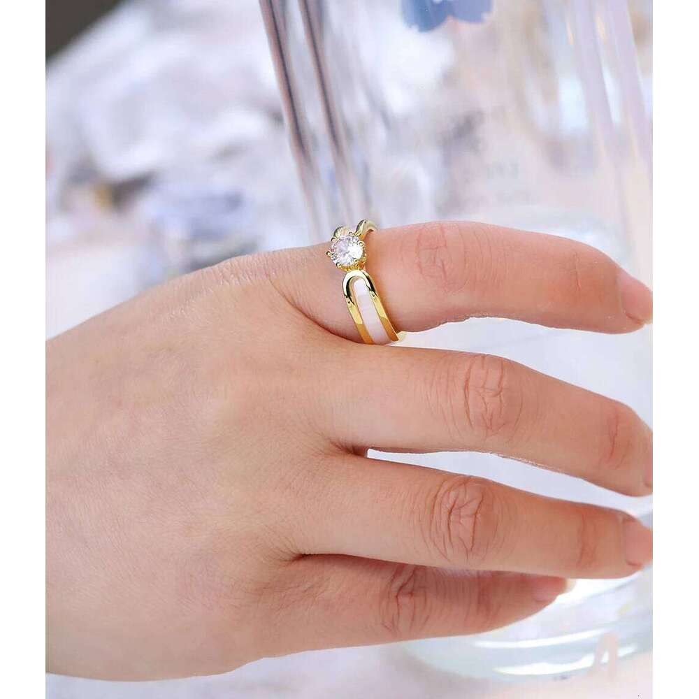 Lokaer 2 layers Black/White Ceramic Crystal Wedding Rings Jewelry AAA Zircon Stainless Steel Rhinestone Engagement XJ260127