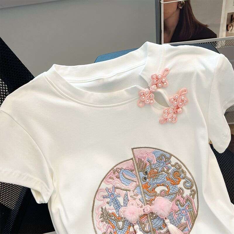 2025 Summer National Fashion Niche Retro Hollow Embroidery New Chinese Style Button Slimming Short Sleeve T-Shirt For Women