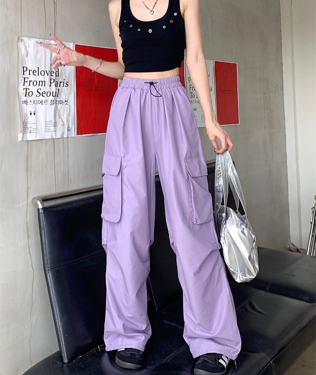 Women's Pants Capris HOUZHOU Y2K Pink Cargo Parachute Pants Oversize Hip Hop Jogging Sweatpants Egirl 90s Aesthetic Vintage Wide Leg Trousers Fem